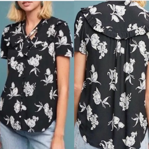 Anthropologie Tops - Maeve by Anthropologie • Black Floral Adagio Ruffle Button Top Tie Neck Sz Small